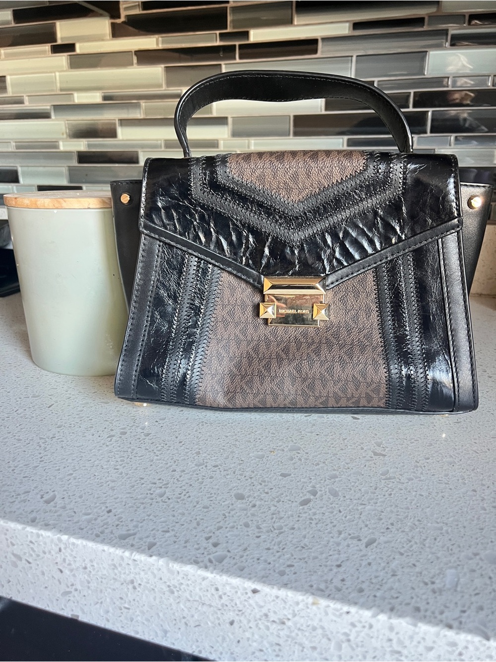 Michael Kors Signature Logo Canvas Satchel| Black Leather Trim | Gold Hardware